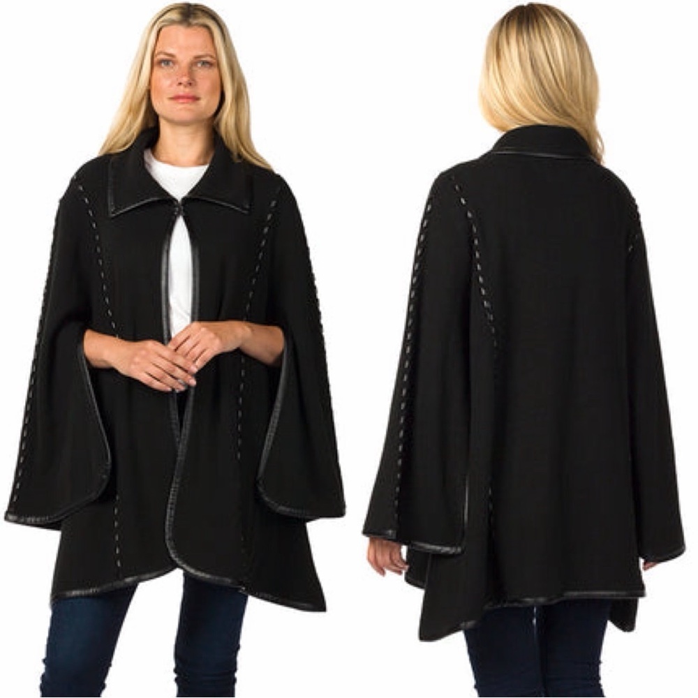 Patricia Nash Black ‘Sleeved Whipstitch Vegan Leather Trim Cape’ OS